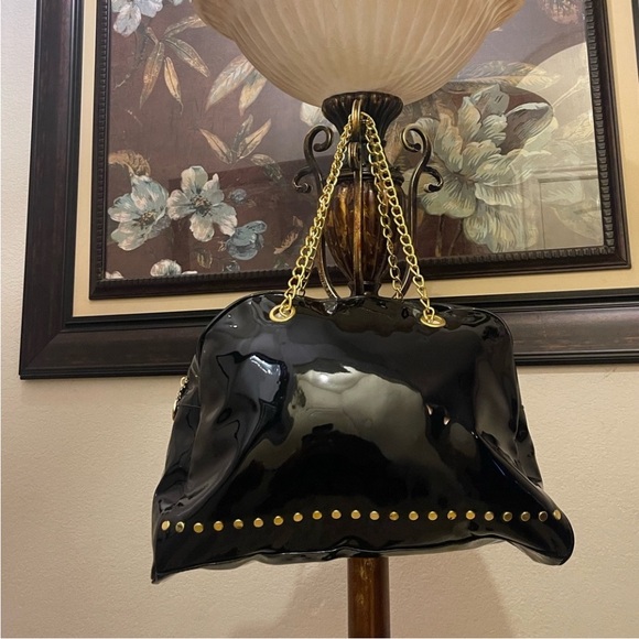 Nicki Minaj Handbags - Elegant Nicki Minaj Black Patent Leather Bag with Gold Accents